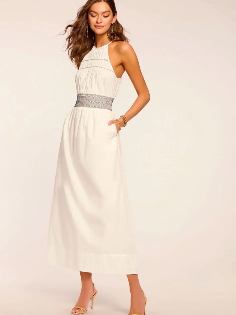 $448 Ramy Brook- Melanie Smocked Cotton Poplin Midi Dress- White M
